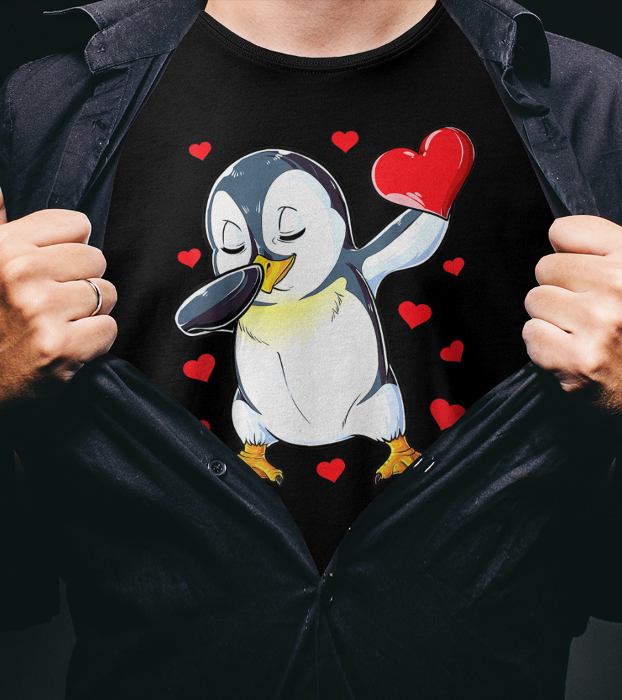 Dabbing Penguin Holding Heart Surrounded By Valentine Hearts T-Shirt