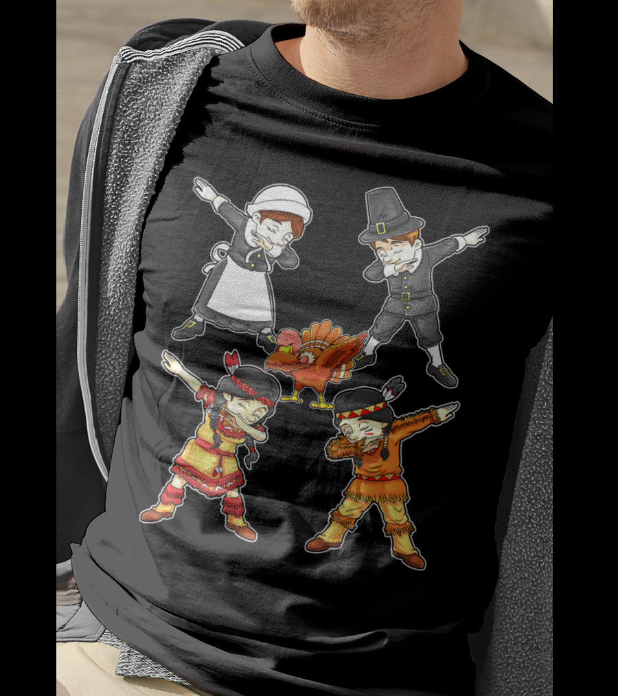 Dabbing Pilgrim And Native American Characters With Turkey T-Shirt