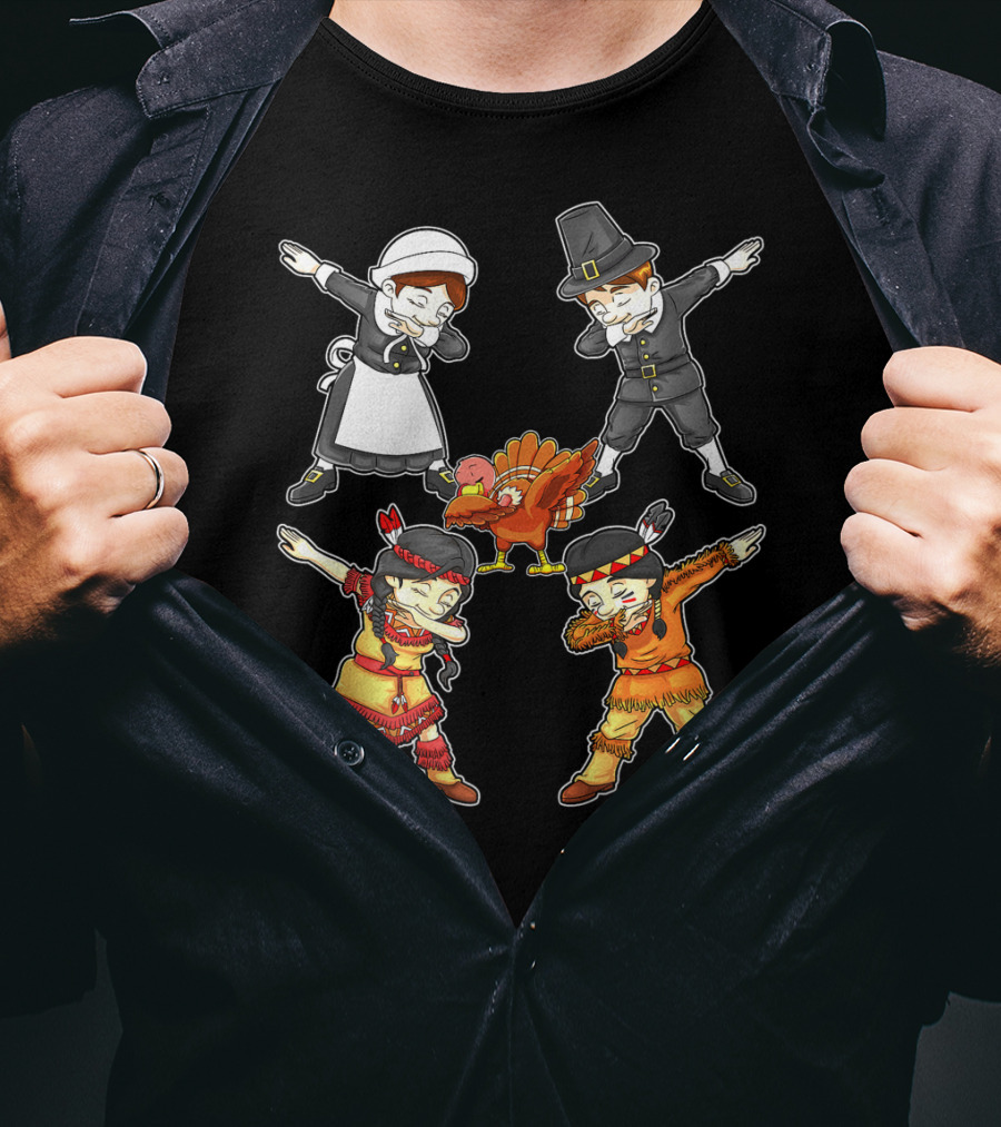 Dabbing Pilgrim And Native American Characters With Turkey T-Shirt
