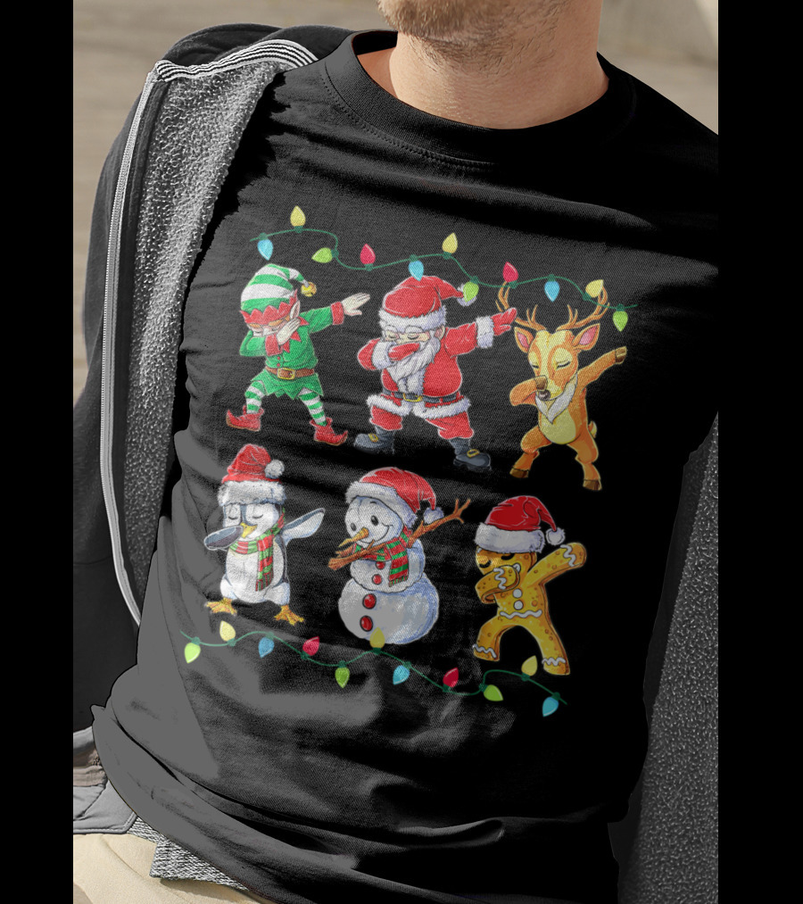 Santa Elf Reindeer Snowman Penguin Gingerbread Dabbing Friends T-Shirt