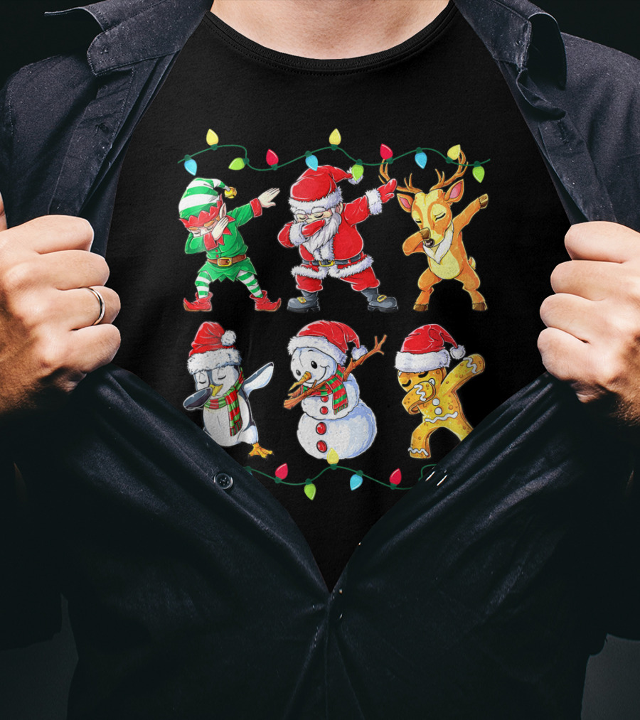 Santa Elf Reindeer Snowman Penguin Gingerbread Dabbing Friends T-Shirt