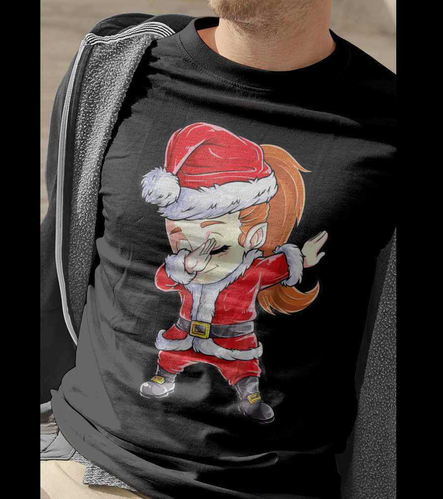 Dabbing Santa Christmas Girls Red Suit White Fur Black Boots T-Shirt