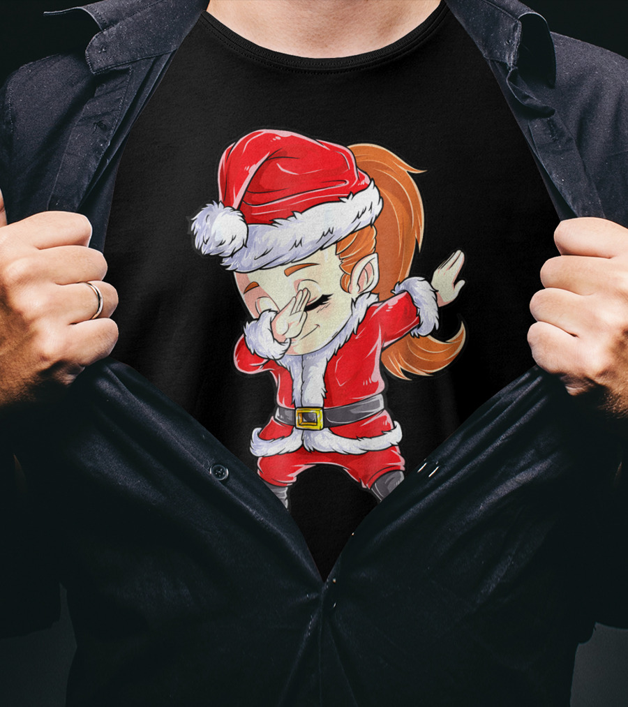 Dabbing Santa Christmas Girls Red Suit White Fur Black Boots T-Shirt