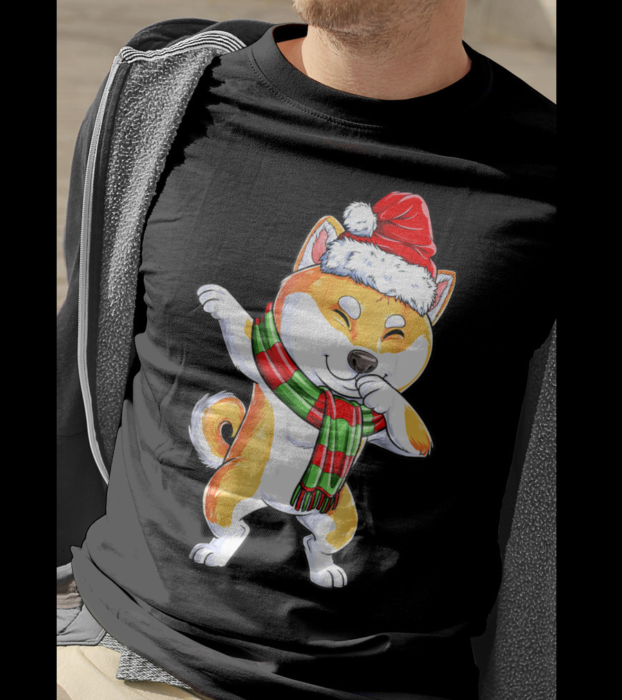 Dabbing Shiba Inu Santa Christmas Scarf Dance T-Shirt