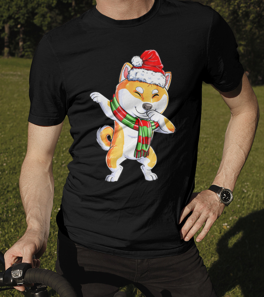 Dabbing Shiba Inu Santa Christmas Scarf Dance T-Shirt