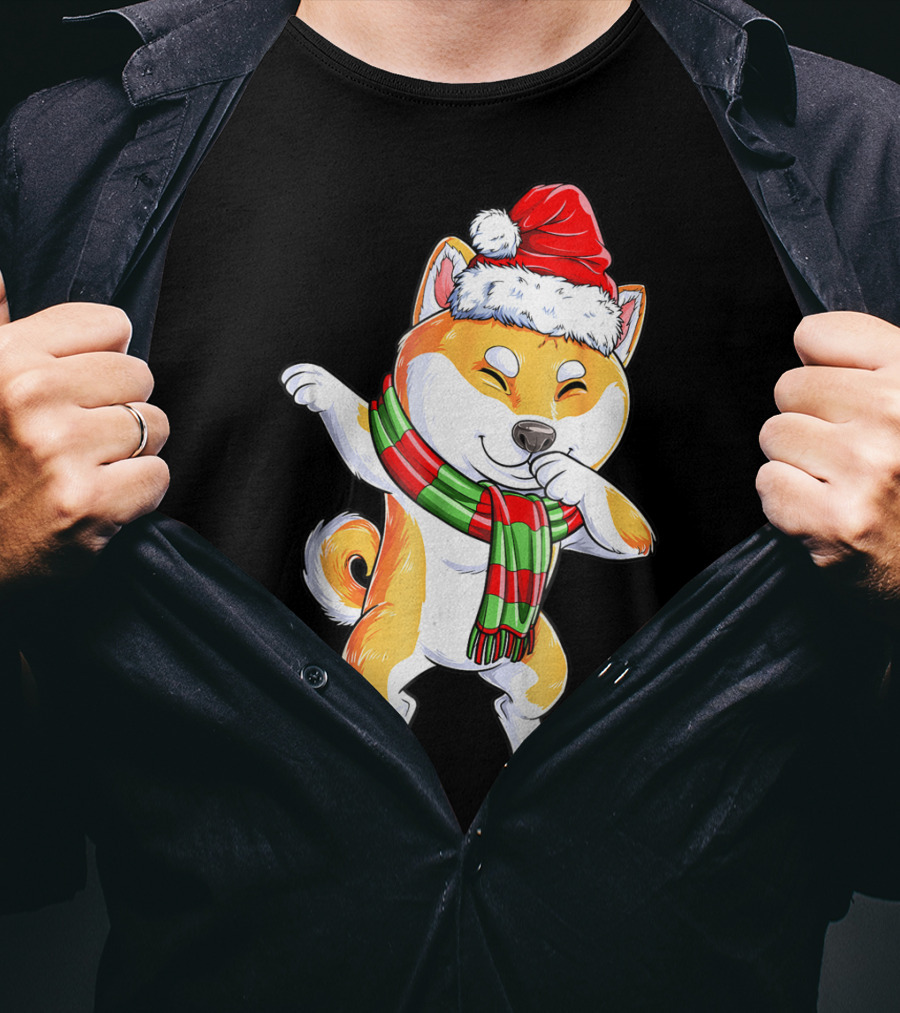 Dabbing Shiba Inu Santa Christmas Scarf Dance T-Shirt