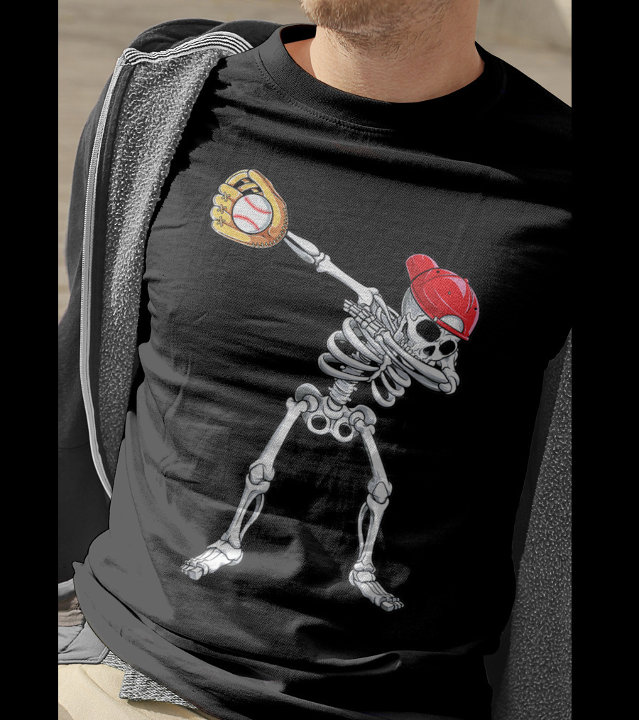 Dabbing Skeleton Baseball Halloween Boys Red Hat T-Shirt