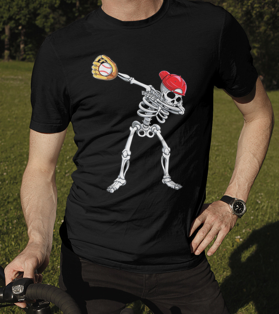 Dabbing Skeleton Baseball Halloween Boys Red Hat T-Shirt