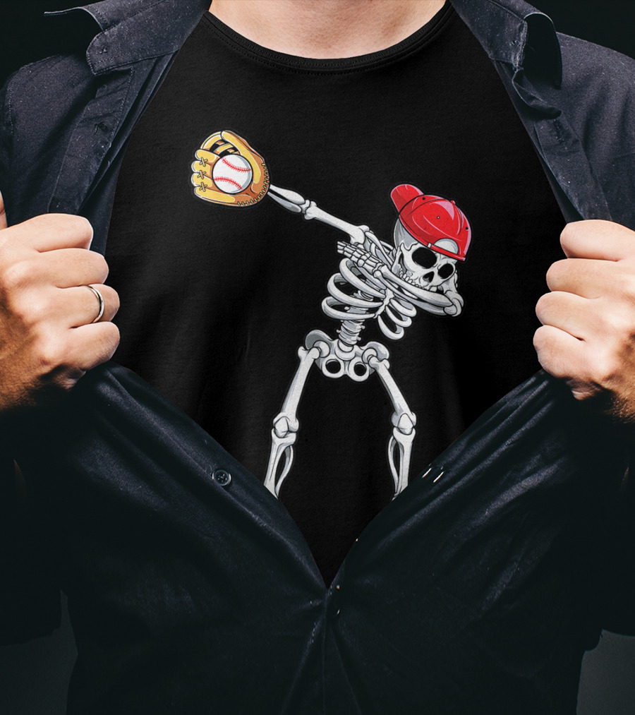 Dabbing Skeleton Baseball Halloween Boys Red Hat T-Shirt