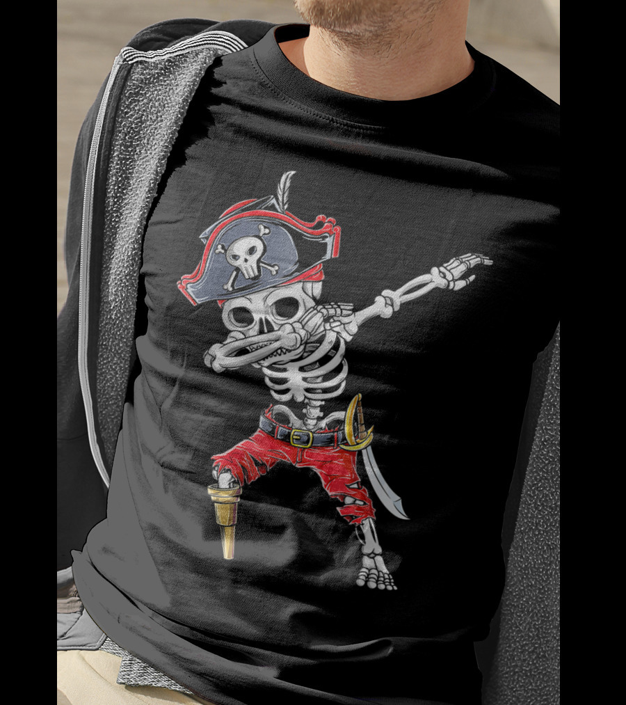 Dabbing Skeleton Pirate Kids Halloween Jolly Roger T-Shirt