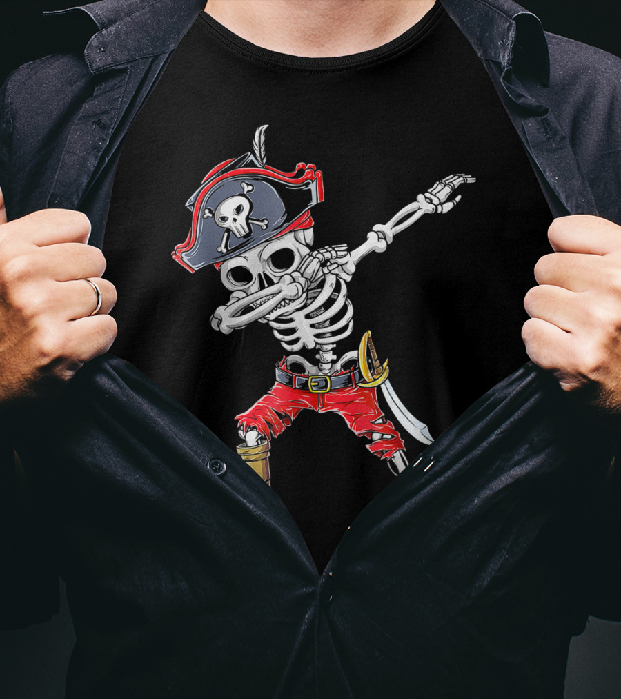 Dabbing Skeleton Pirate Kids Halloween Jolly Roger T-Shirt