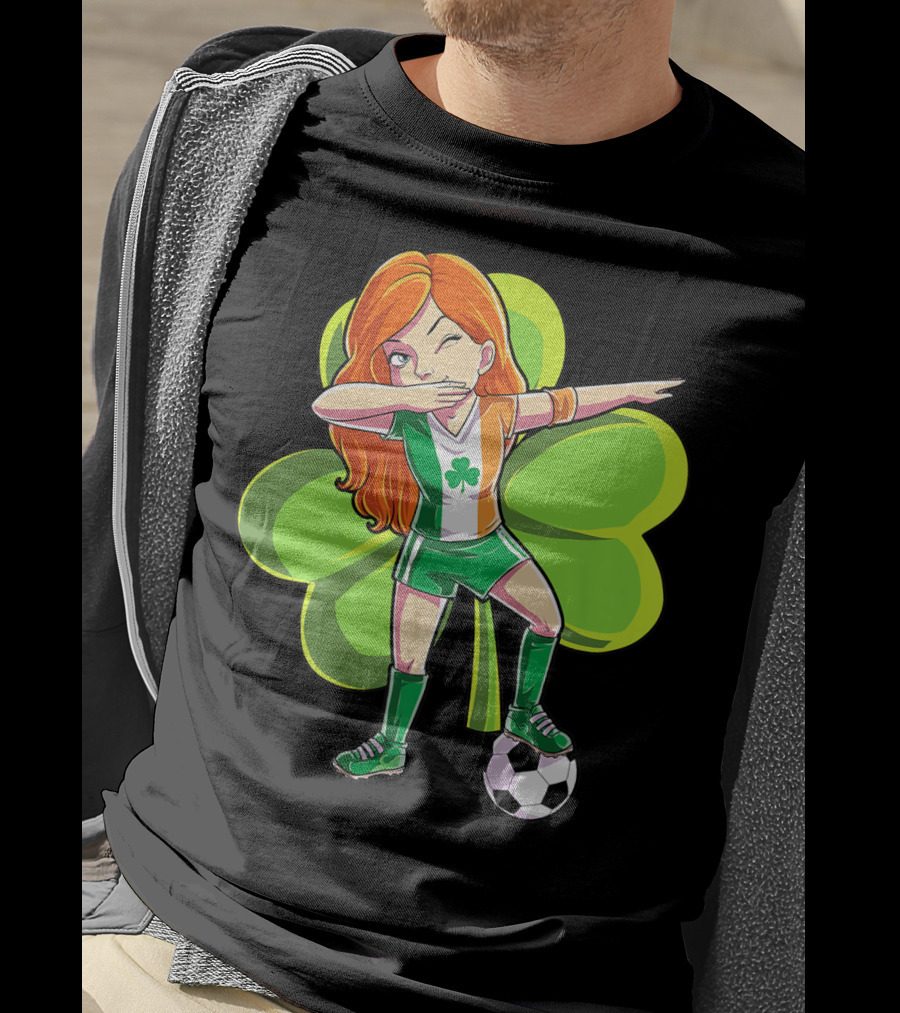 Dabbing Soccer Girl St Patricks Day Irish Shamrock T-Shirt