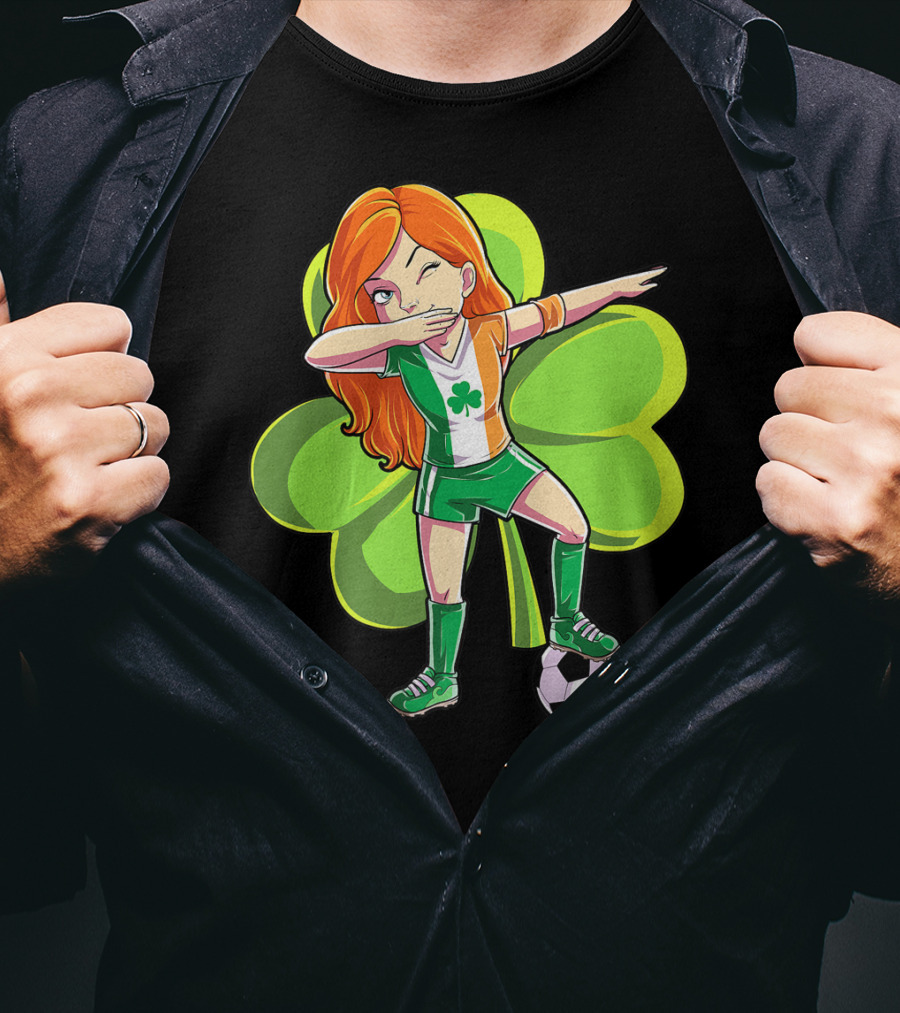 Dabbing Soccer Girl St Patricks Day Irish Shamrock T-Shirt