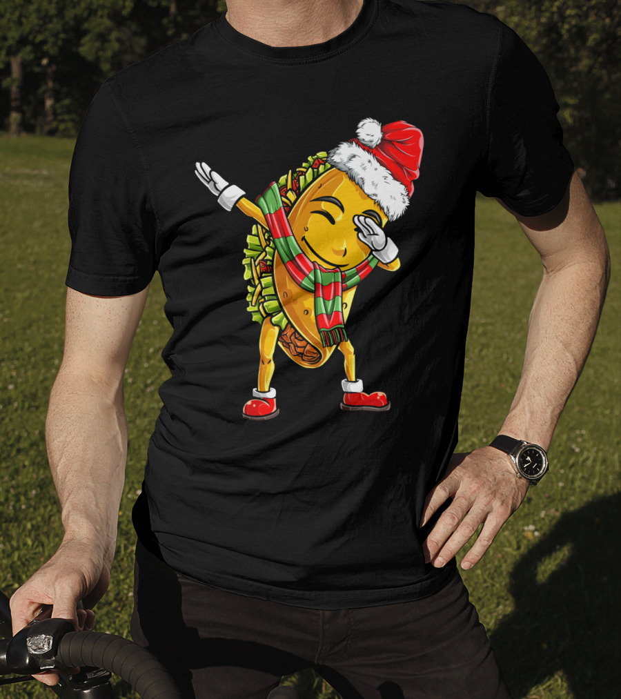 Dabbing Santa Taco With Christmas Hat And Scarf T-Shirt