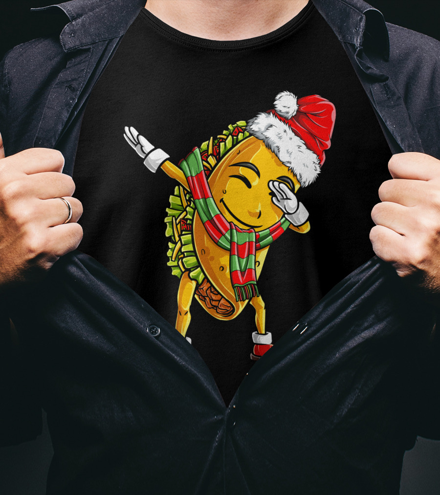 Dabbing Santa Taco With Christmas Hat And Scarf T-Shirt
