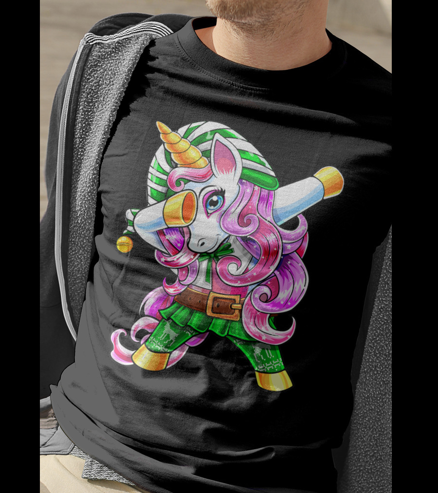 Dabbing Unicorn Christmas Elf Costume Unicorn Girls Pink Hair Green T-Shirt