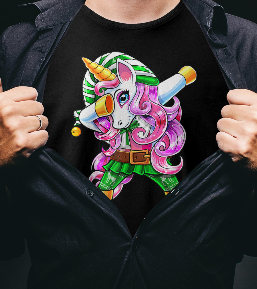 Dabbing Unicorn Christmas Elf Costume Unicorn Girls Pink Hair Green T-Shirt