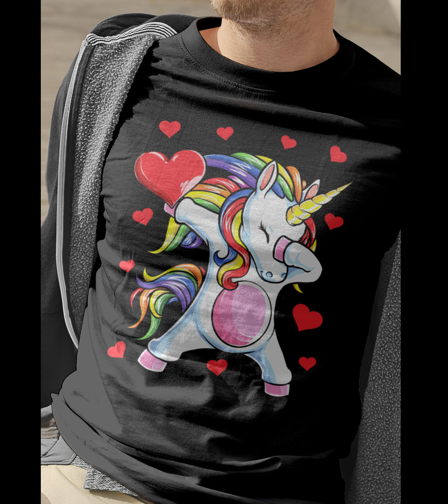 Valentines Day Dabbing Unicorn With Heart And Rainbow Mane T-Shirt