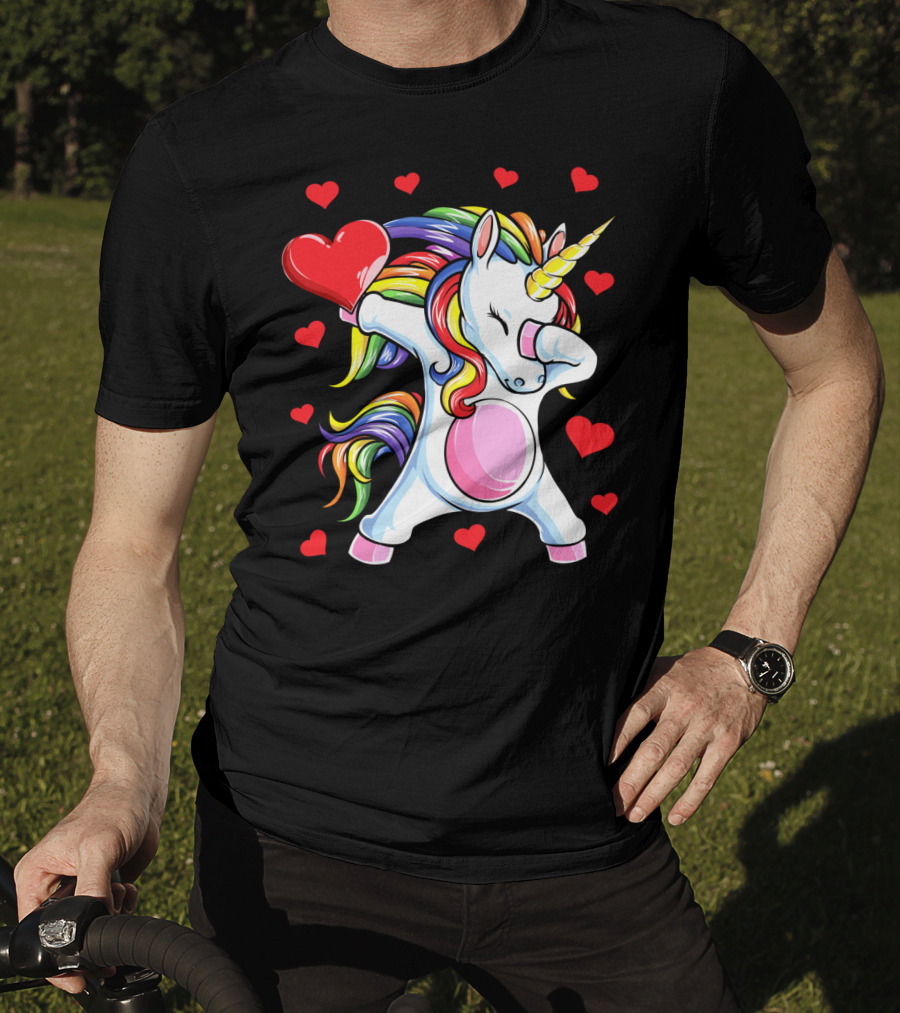 Valentines Day Dabbing Unicorn With Heart And Rainbow Mane T-Shirt