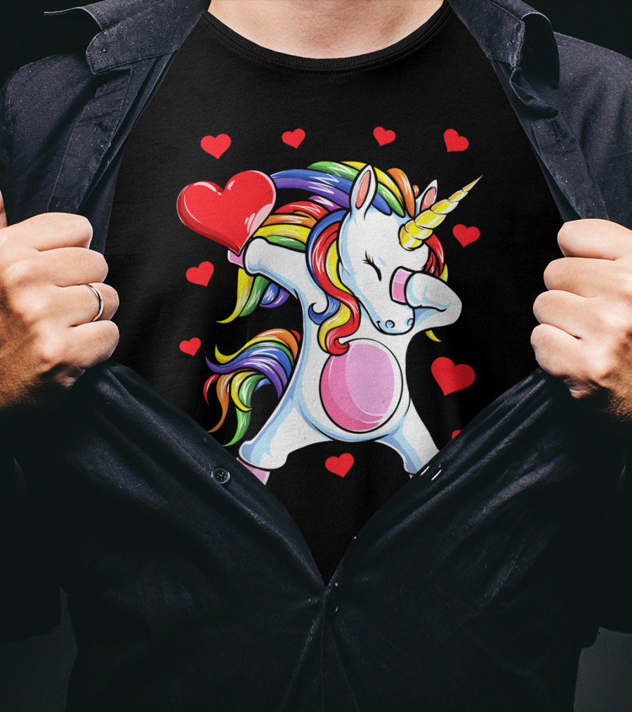 Valentines Day Dabbing Unicorn With Heart And Rainbow Mane T-Shirt