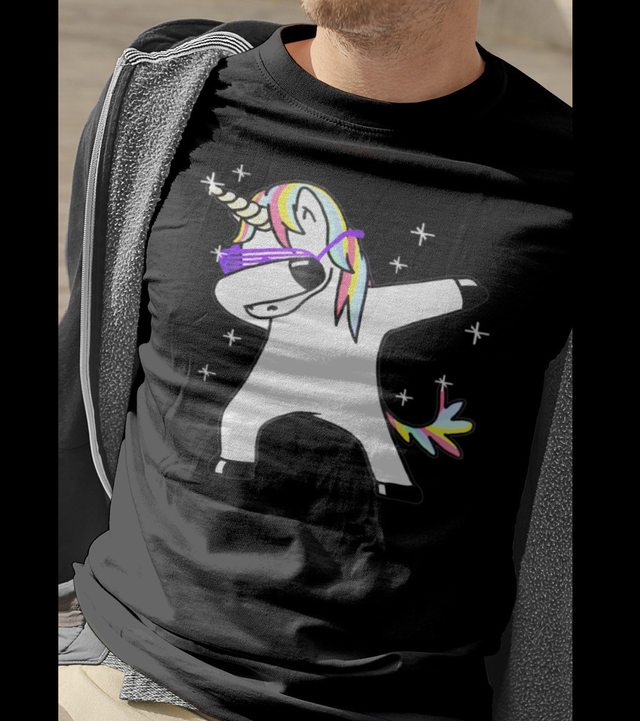 Dabbing Rainbow Unicorn With Sunglasses And Stars T-Shirt