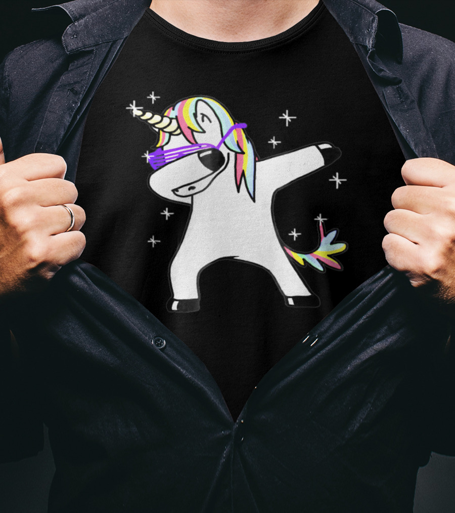 Dabbing Rainbow Unicorn With Sunglasses And Stars T-Shirt