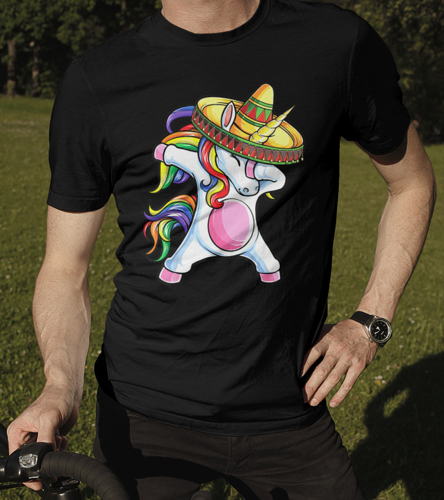 Dabbing Unicorn With Rainbow Hair And Sombrero Celebrating Cinco De Mayo T-Shirt