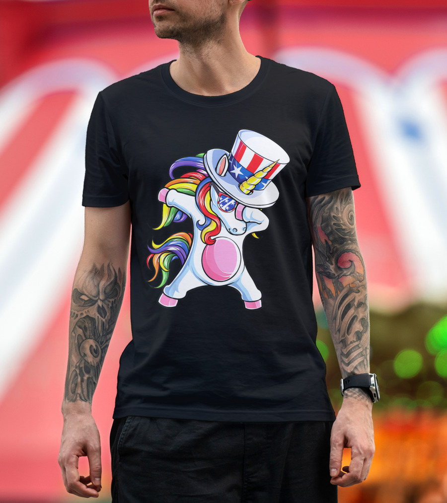 Dabbing Unicorn Uncle Sam Rainbow Hat 4th of July Kids Girls Boy T-Shirt