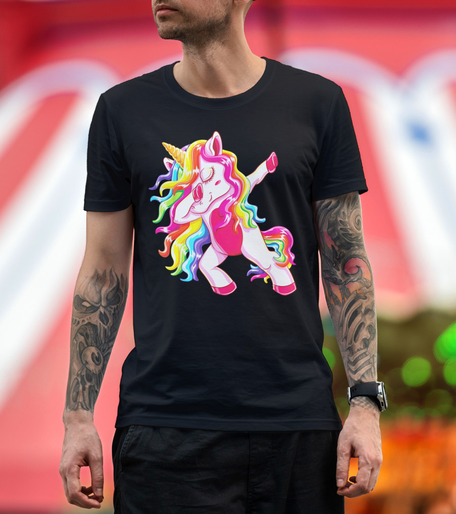 Dabbing Rainbow Unicorn with Long Hair Dab Dance T-Shirt