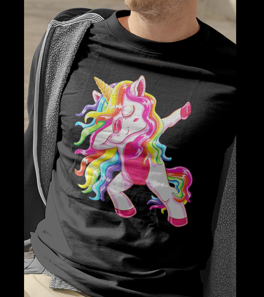 Dabbing Rainbow Unicorn With Long Hair Dab Dance T-Shirt
