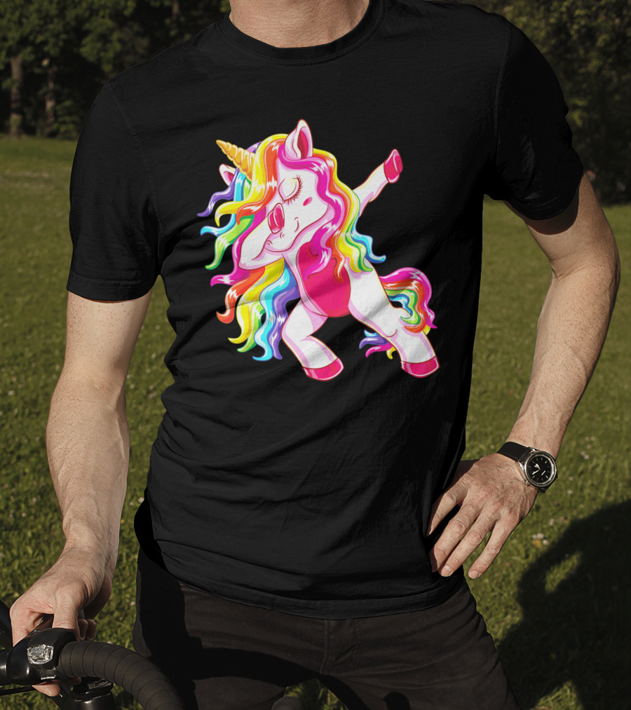 Dabbing Rainbow Unicorn With Long Hair Dab Dance T-Shirt