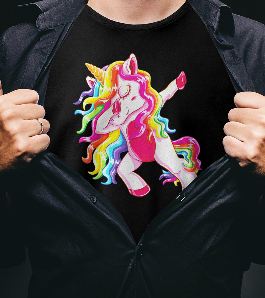Dabbing Rainbow Unicorn With Long Hair Dab Dance T-Shirt