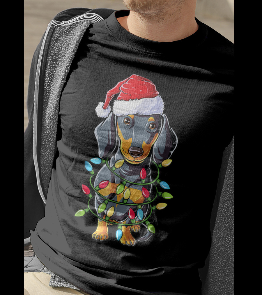 Dachshund Christmas Dog Wrapped In Santa Hat And Xmas Tree Lights T-Shirt