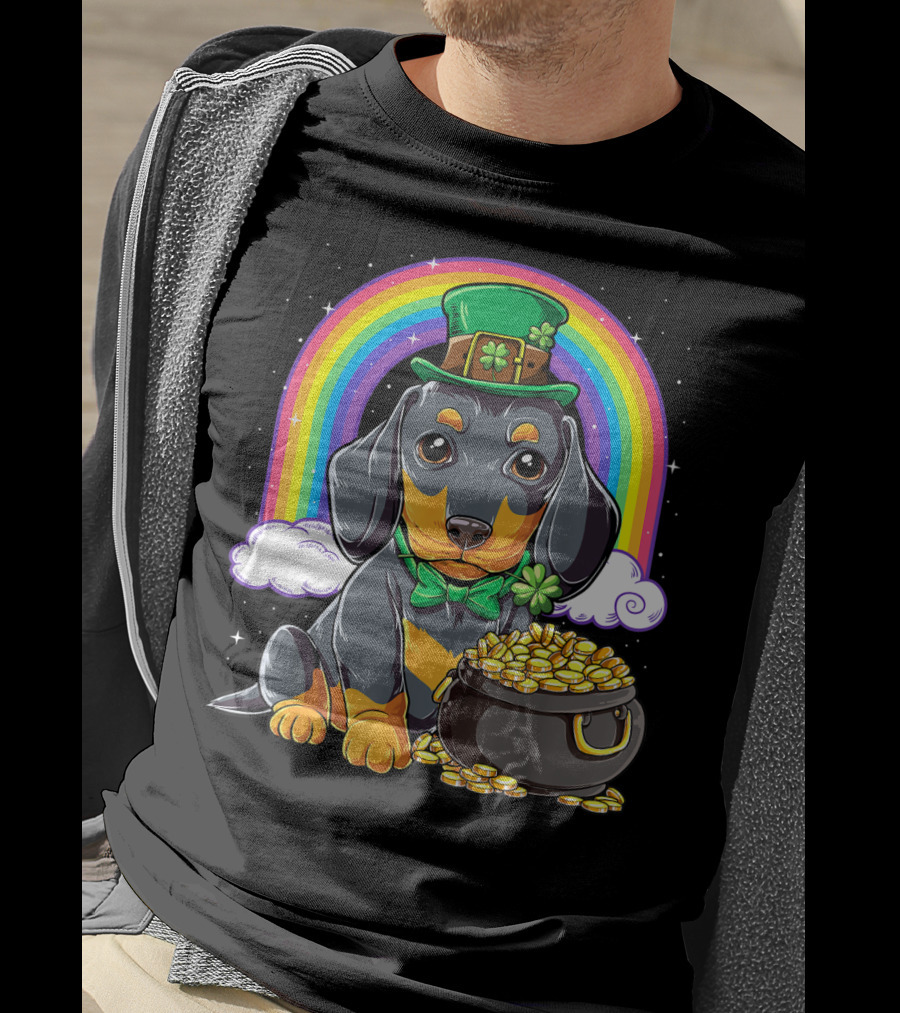 Dachshund St Patricks Day Leprechaun Rainbow Pot Of Gold T-Shirt