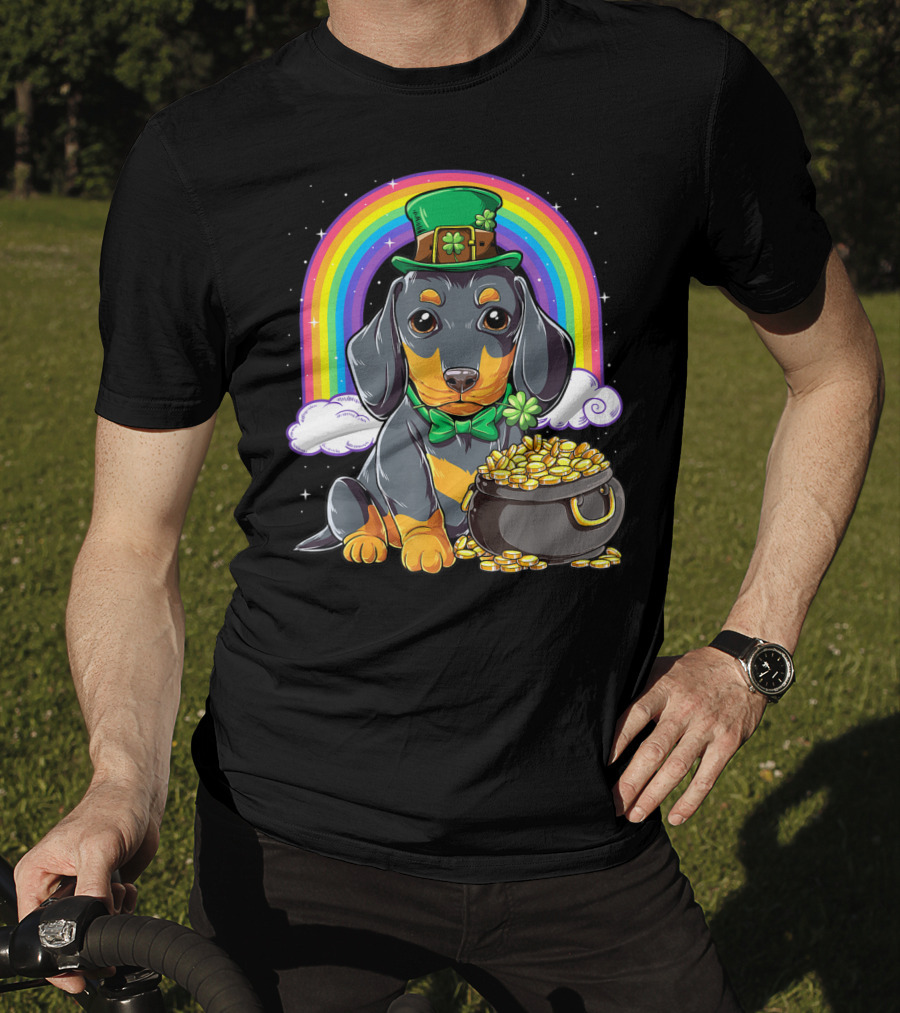 Dachshund St Patricks Day Leprechaun Rainbow Pot Of Gold T-Shirt