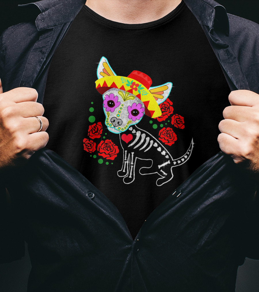 Day Of The Dead Chihuahua Skeleton Sombrero Roses T-Shirt
