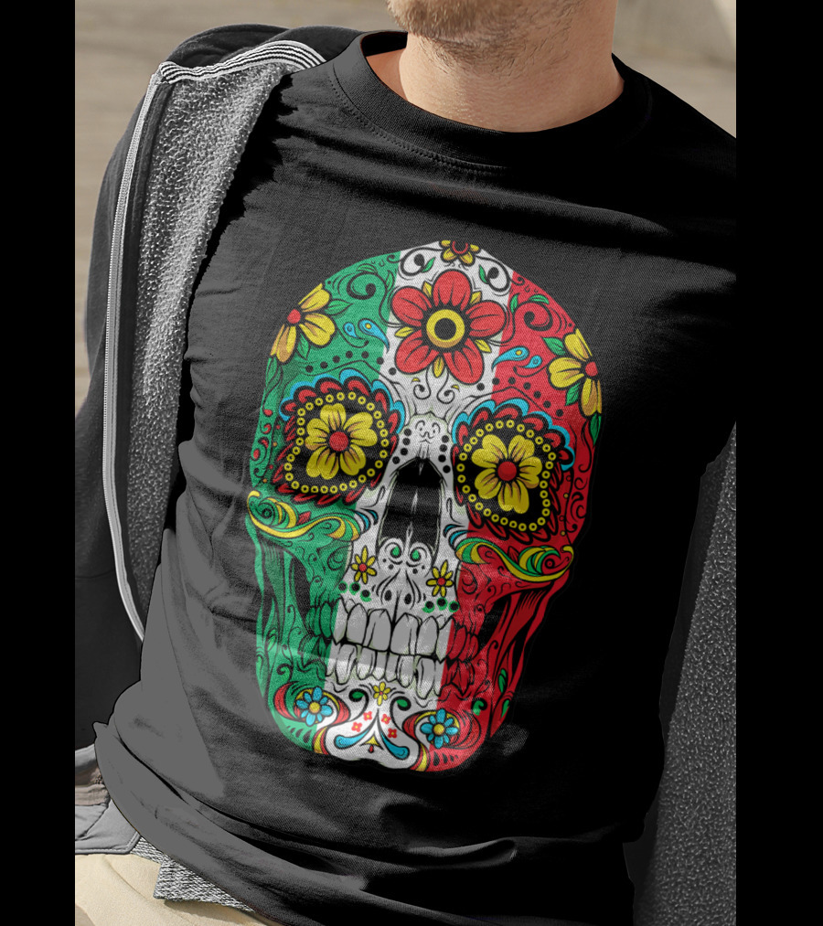 Day Of The Dead Sugar Skull Mexican Flag Flowers Colorful T-Shirt