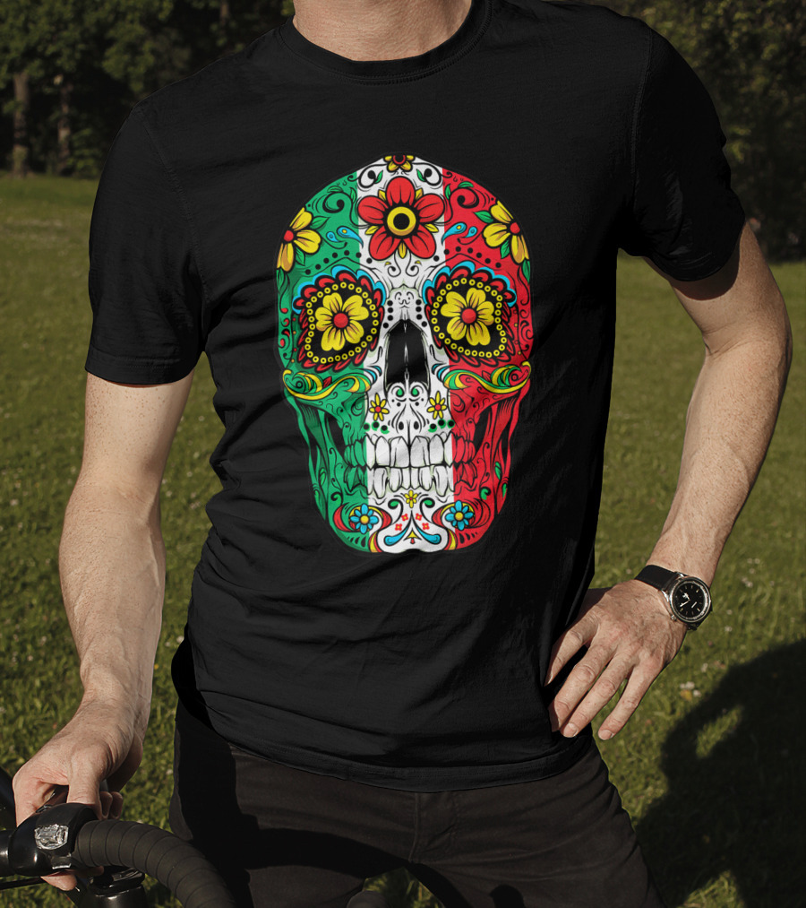 Day Of The Dead Sugar Skull Mexican Flag Flowers Colorful T-Shirt