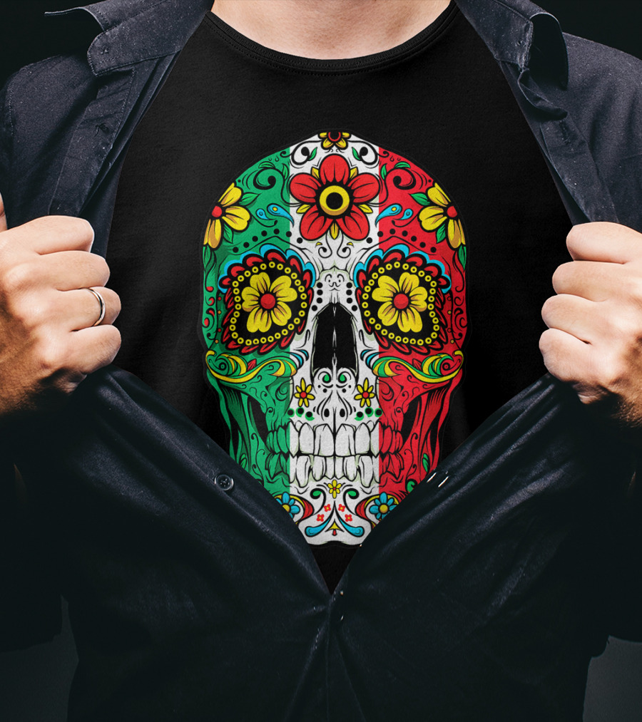 Day Of The Dead Sugar Skull Mexican Flag Flowers Colorful T-Shirt