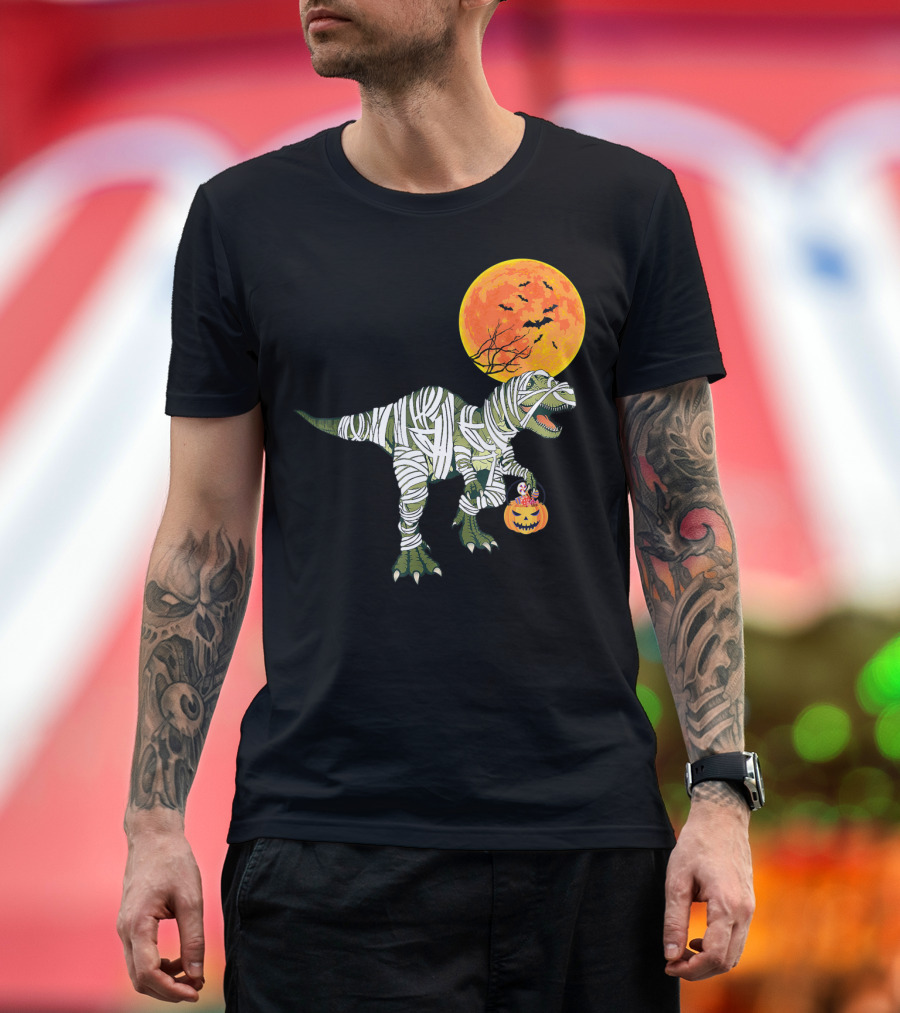 Dinosaur Halloween Mummy with Pumpkin and Full Moon Background T-Shirt