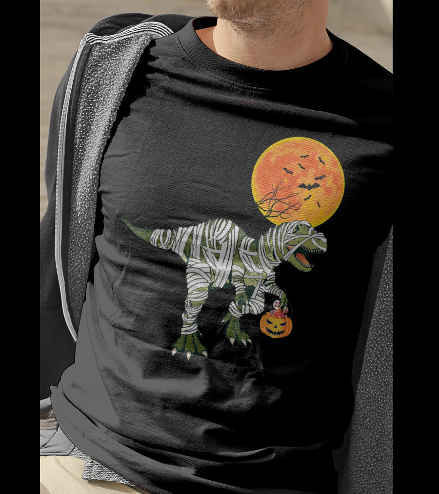 Dinosaur Halloween Mummy With Pumpkin And Full Moon Background T-Shirt