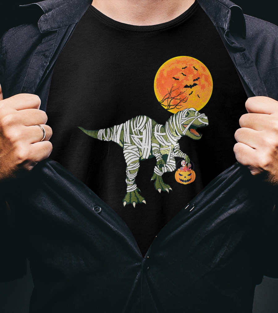 Dinosaur Halloween Mummy With Pumpkin And Full Moon Background T-Shirt
