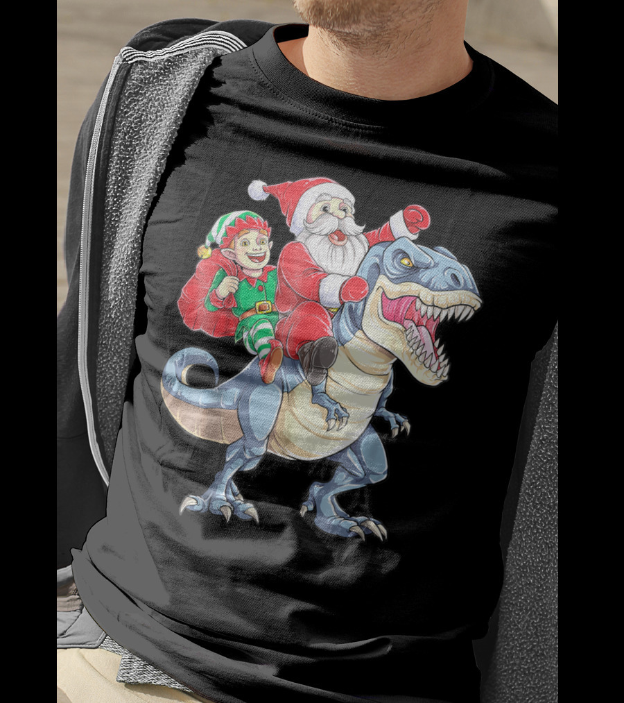 Dinosaur Christmas Santa And Elf Riding T-Rex T-Shirt