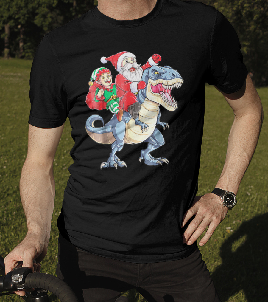 Dinosaur Christmas Santa And Elf Riding T-Rex T-Shirt
