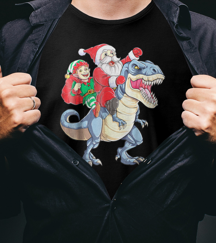 Dinosaur Christmas Santa And Elf Riding T-Rex T-Shirt