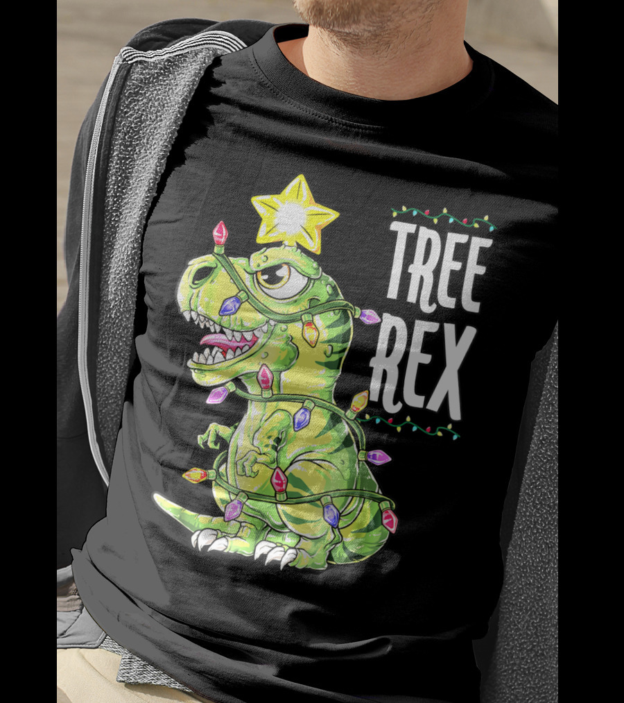 Tree Rex Dinosaur Christmas Lights Boys T-Shirt