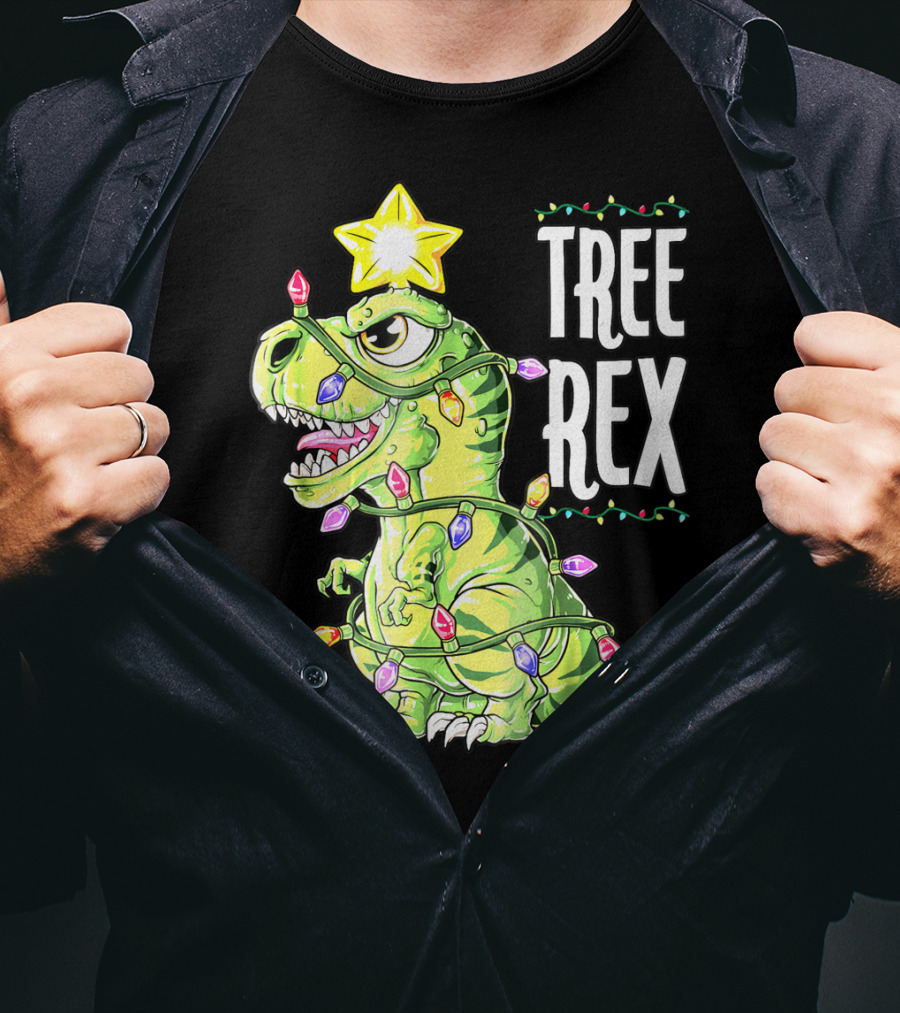 Tree Rex Dinosaur Christmas Lights Boys T-Shirt