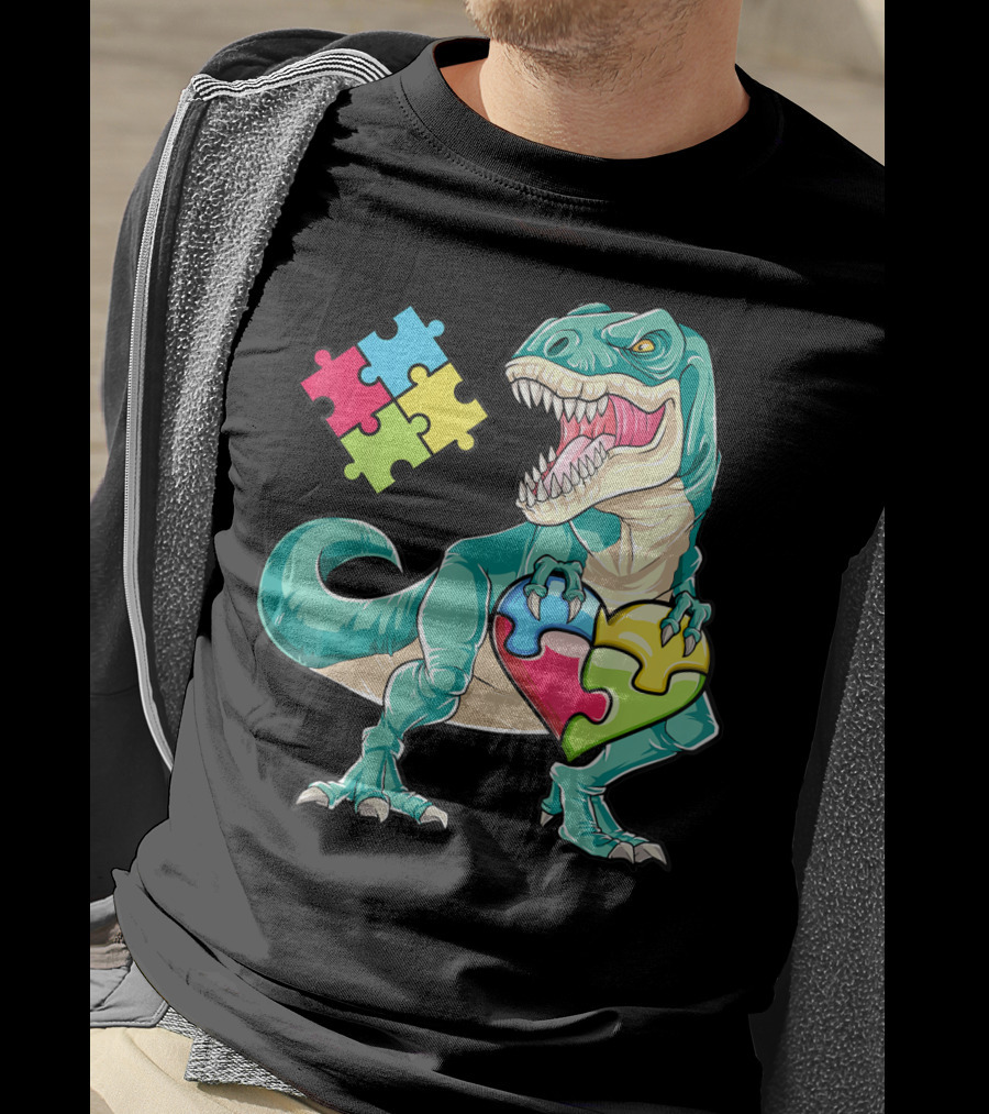 Dinosaur Holding Puzzle Heart Autism Awareness Boys T-Shirt