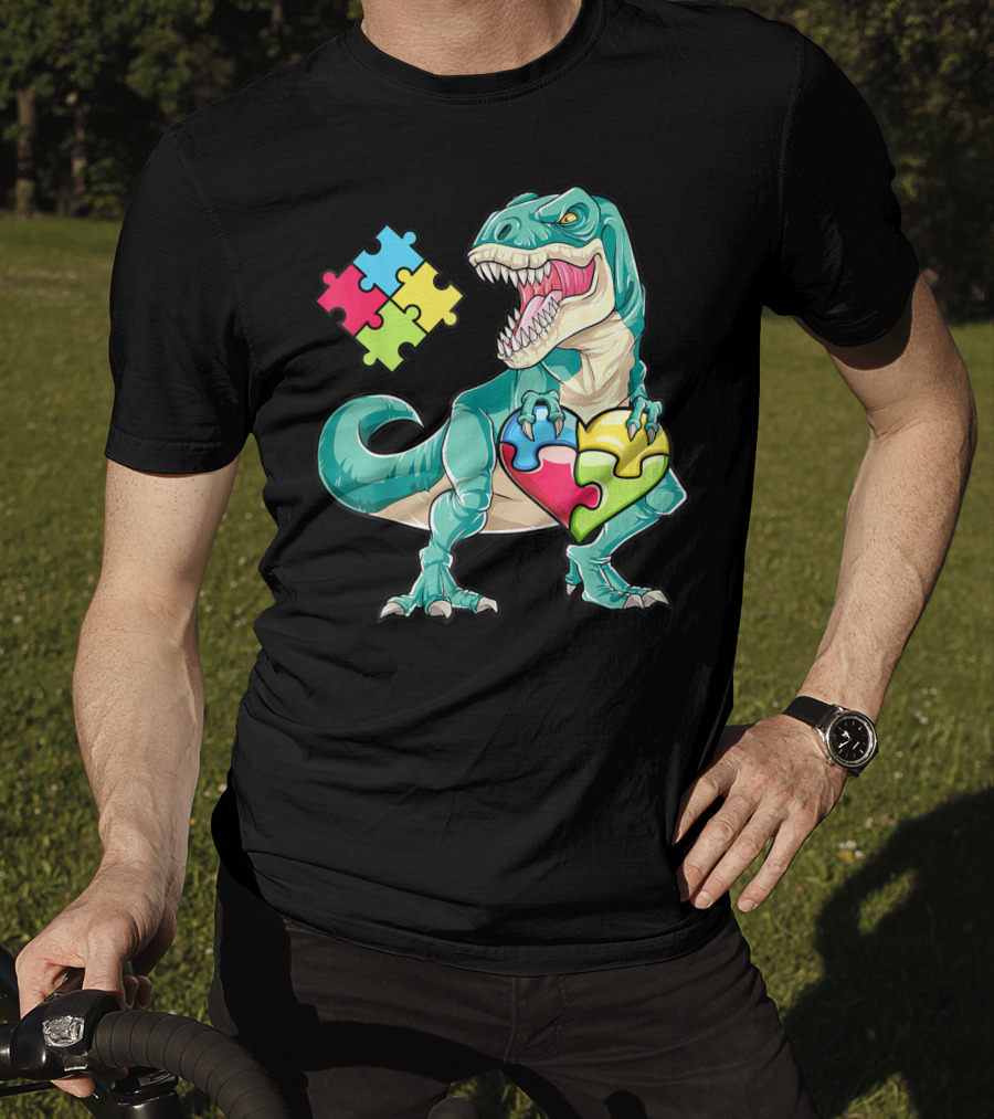 Dinosaur Holding Puzzle Heart Autism Awareness Boys T-Shirt