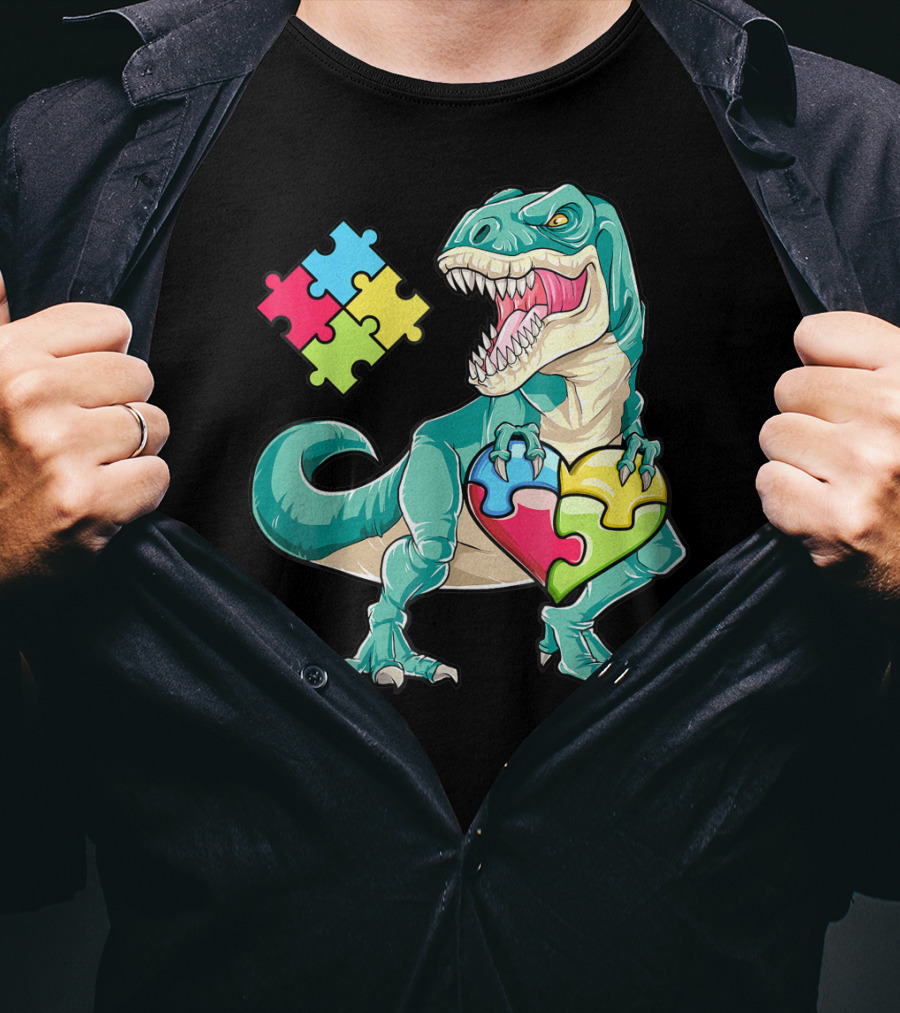 Dinosaur Holding Puzzle Heart Autism Awareness Boys T-Shirt